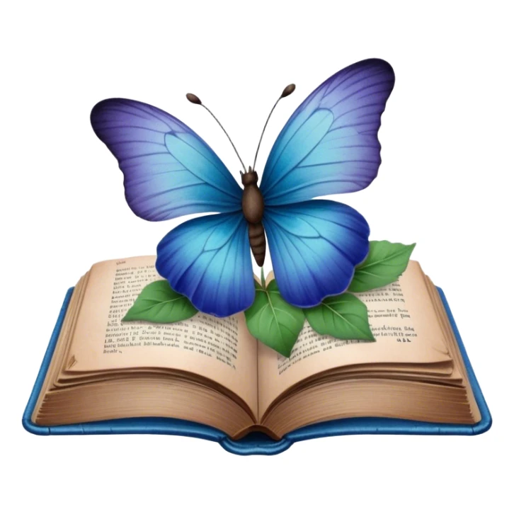 A vintage book with a worn blue cover, open to reveal pressed pansies and a resting green butterfly. sticker
