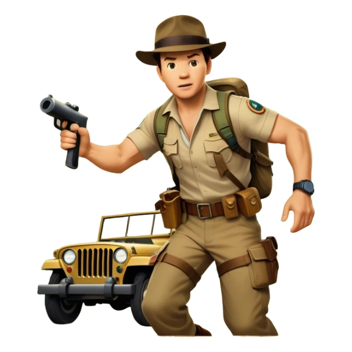 A vintage movie poster-style collage. Include action-packed elements like a treasure map, jungle scenes, a rugged explorer with a compass and a speeding jeep. Add a shadowy figure resembling close-up Mark Wahlberg in adventurous gear. Dramatic lighting, dynamic composition. Transparent background. sticker