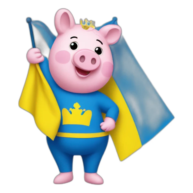Pepa pig holds a Ukrainian flag sticker