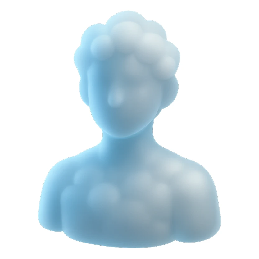 person made entirely of white fluffy clouds, shoulder up, front view, matte glass style sticker