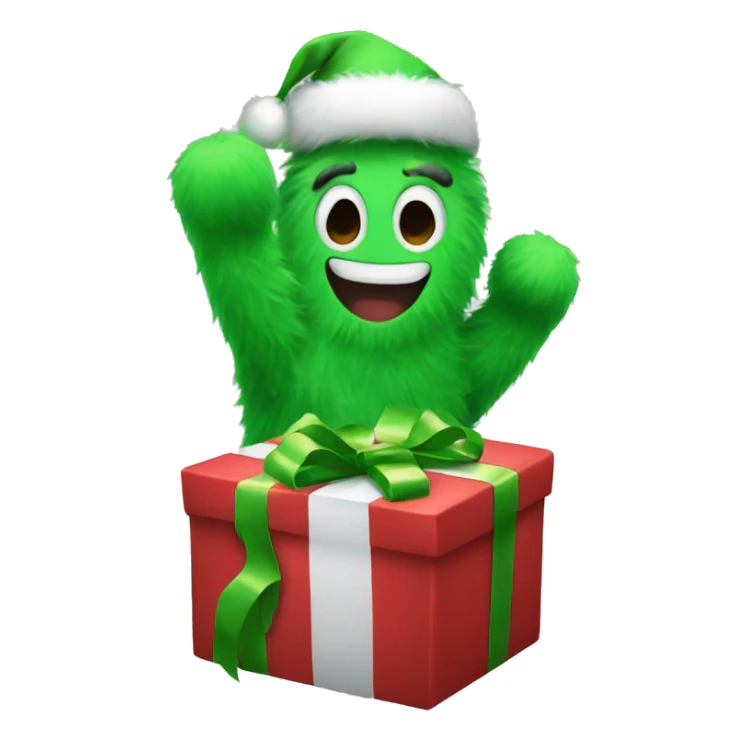 A green furry hand holding a Christmas gift  sticker