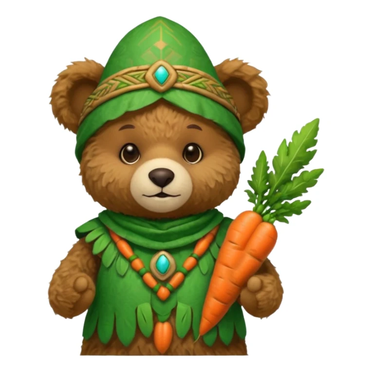 teddy bear, wearing green mayan ancient custome, with carrotm half body sticker