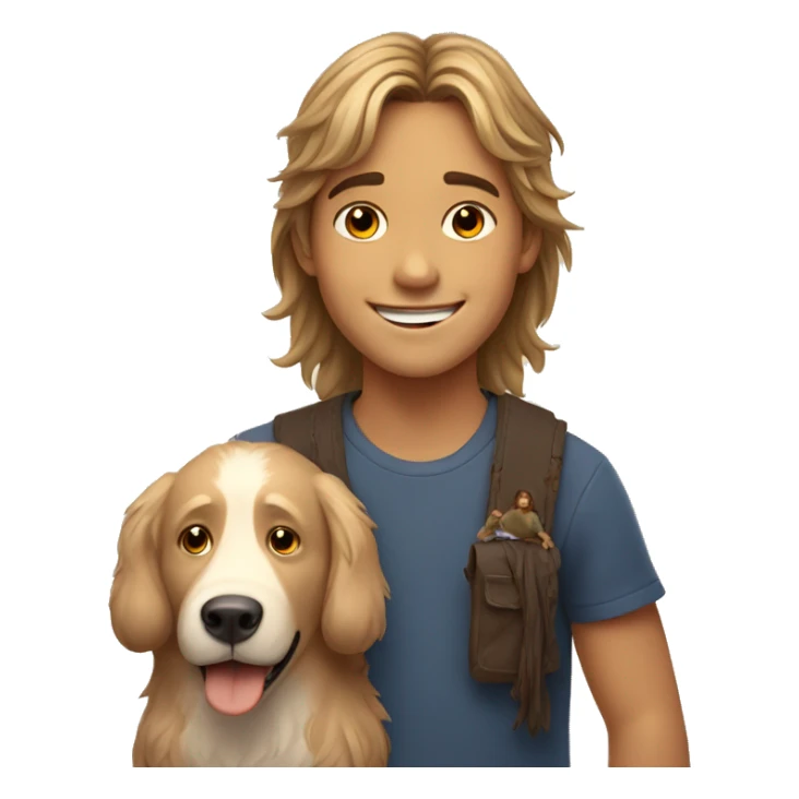 smiling boy with bears and long hair with dog indoors sticker