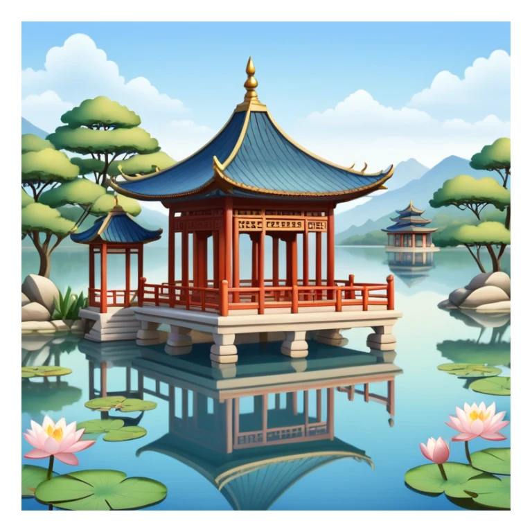 Traditional Chinese pavilion near a peaceful lake sticker