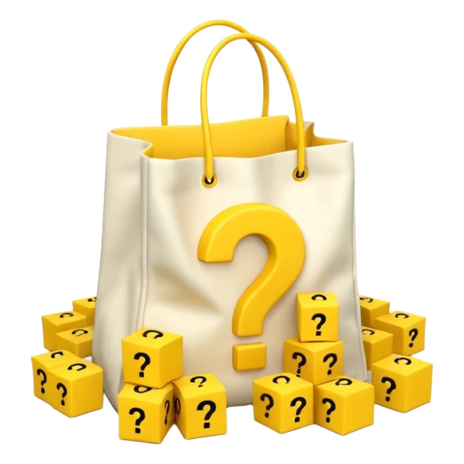 White bag with yellow questions mark boxes stuffed in it sticker