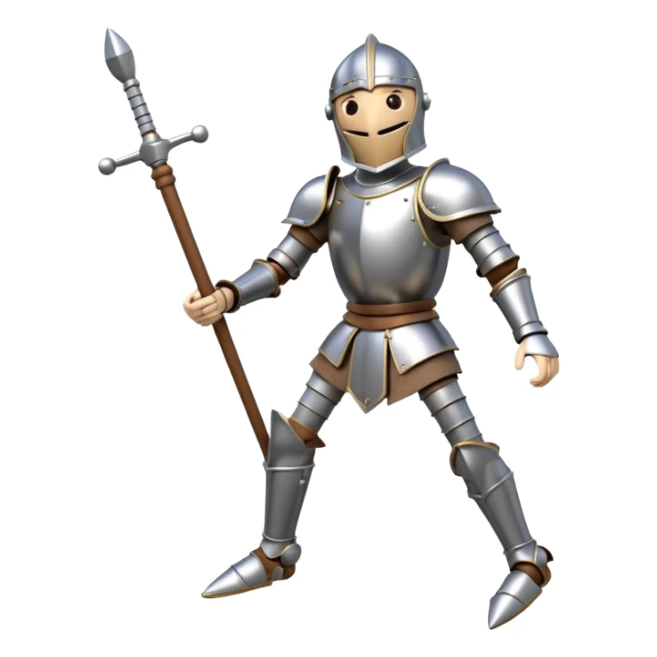 3D render of Knight Puppet as a wooden marionette puppet, Painted silver wood armor, strings, silver metal screw joints at elbows and knees, polished brown wood texture, rigid toy pose, emoji style, isolated on white background --v 6.0. sticker