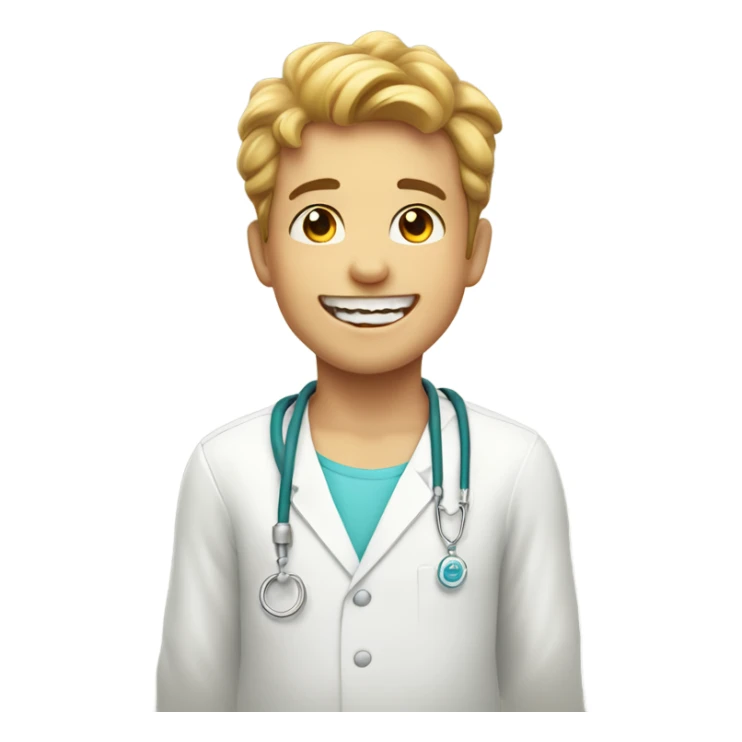 smiling boy indoors with necklace like a dentist, with mu face sticker