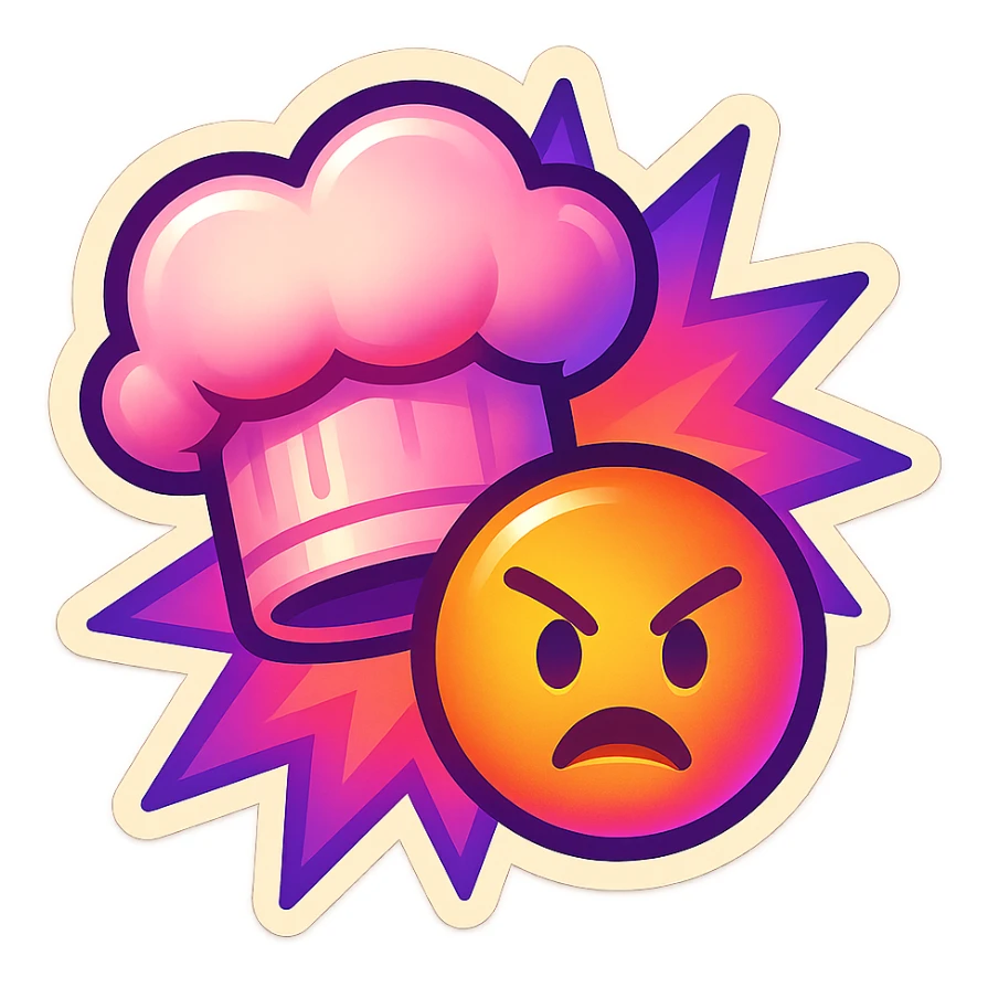 chef's hat with urgency emoji, color explosion, playful and modern with gradient FF4D67, 9D34FF gradient, vibrant sticker