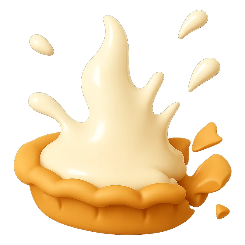 Show the cream pie with a small cream splash, crust still mostly intact, playful 3D emoji style, golden brown crust, same angle as reference. (Stage 3 of 6) sticker