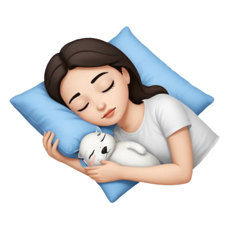 Brunette white sikine white tshirt black eyebrowns girl sleeping on a pillow no blue pillow sticker