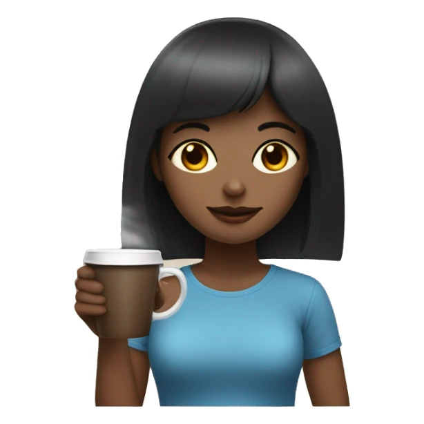 a girl with blue eyes with bangs on dark brown hair drinks coffee sticker