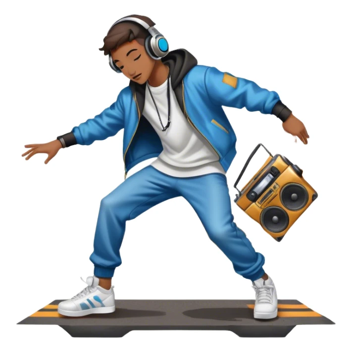 Icon for Street Dance: a dancer in urban streetwear performing a dynamic breakdance move, with a spray-painted background, headphones, and a boombox on the asphalt. The icon should capture the energy, style, and creativity of street dance culture. Transparent background. sticker