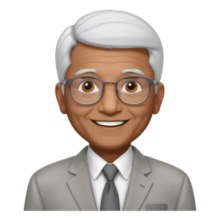 70 yr old indian man, short straight white hair brushed foreward , light grey business suit, big smile, dark brown skin, no moustache, dark brown eyes, glasses
 sticker