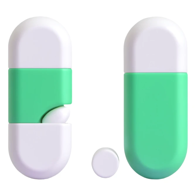 a capsule-shaped pill, split evenly with one half white and the other half green, minimal style sticker