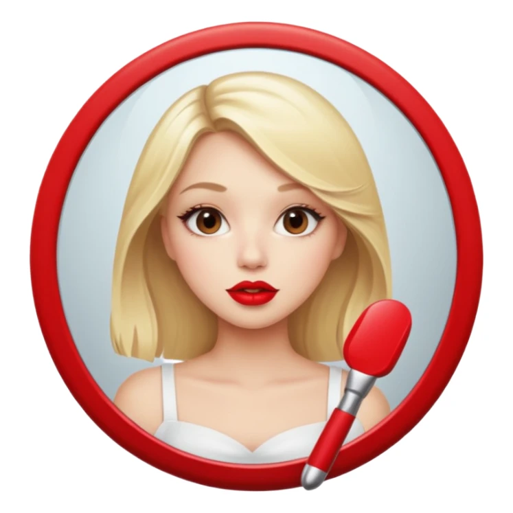 blonde girl taking mirror selfie. Red lipstick sticker