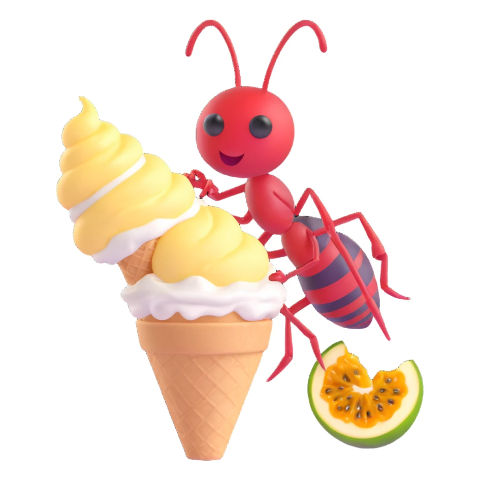 icon of an ant eating passion fruit ice cream, subtle 3D effect sticker
