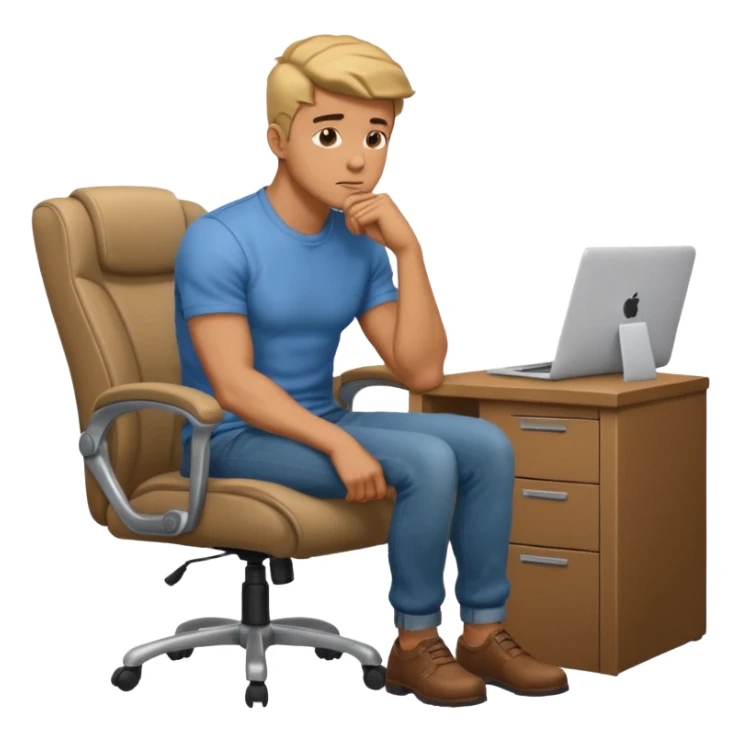 guy imitating thinker statue pose but with casual clothes and sitting in a office chair and looking up sticker