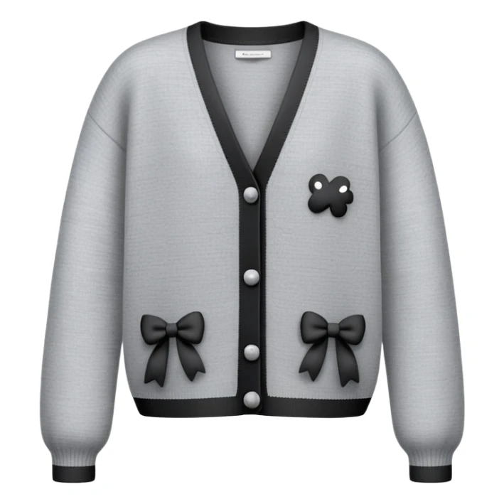 gray cardigan with tiny black bows all over front and sleeves, realistic 3d isolated, soft texture sticker