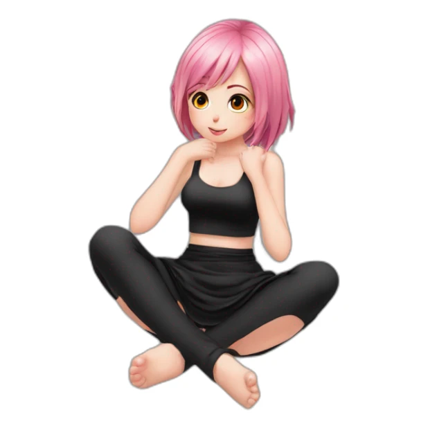Full body Front view curvy emo girl pink hair sits on the floor straight view hands up black skirt полосатые рваные чулки sticker