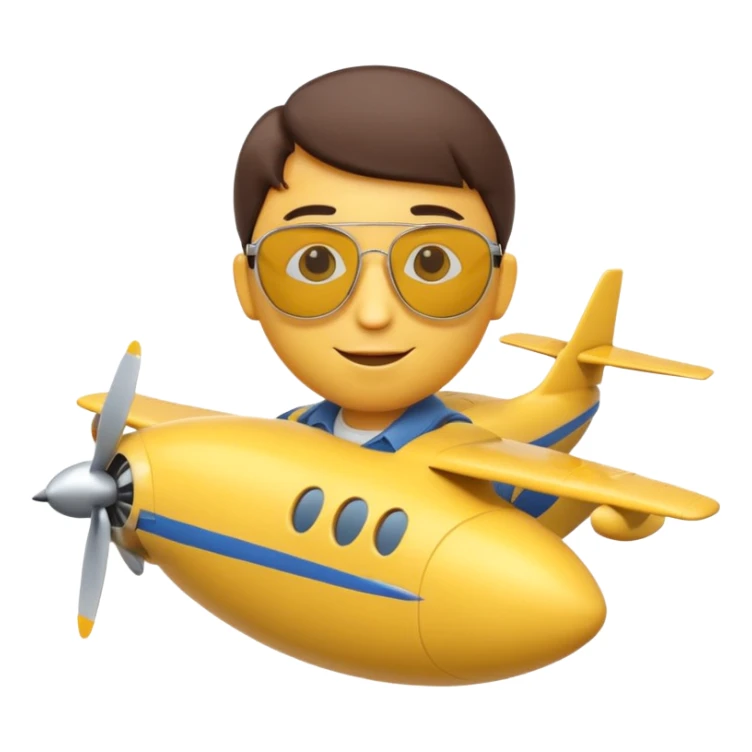A 3D Apple-style yellow emoji character, classic round shape, wearing pilot-style sunglasses, arms crossed, small smile, a miniature airplane icon floating above its head, symbolizing “airplane mode,” clean cartoonish style, simple background. sticker
