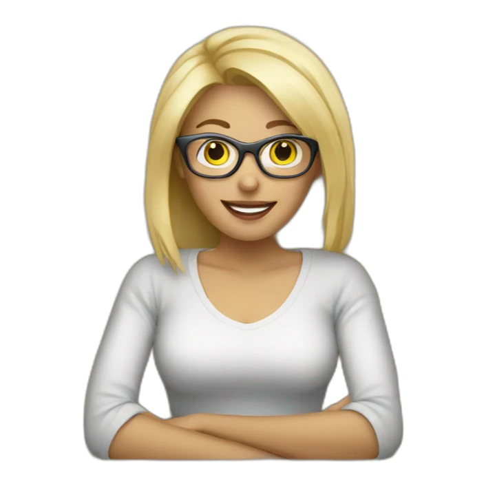 blonde woman with glasses on sofa with computer sticker