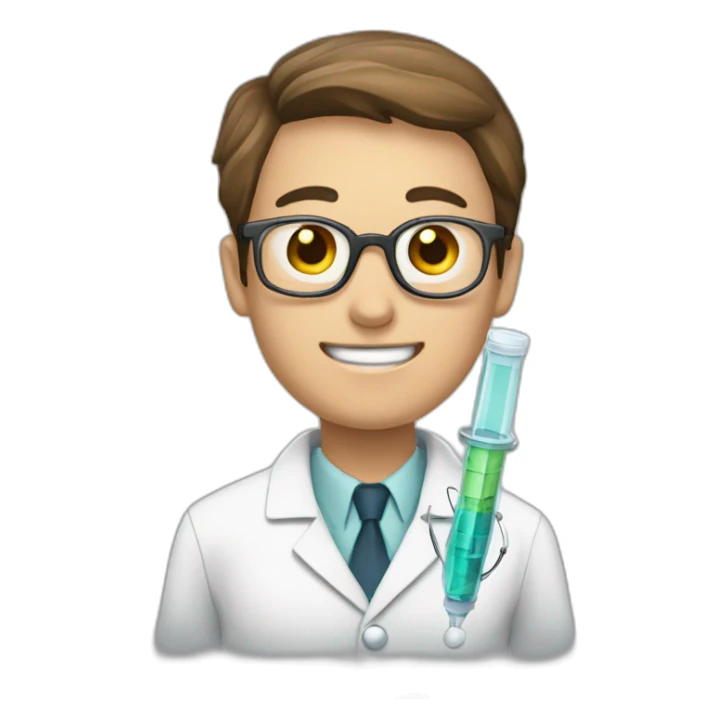 A doctor in a white coat and a syringe sticker