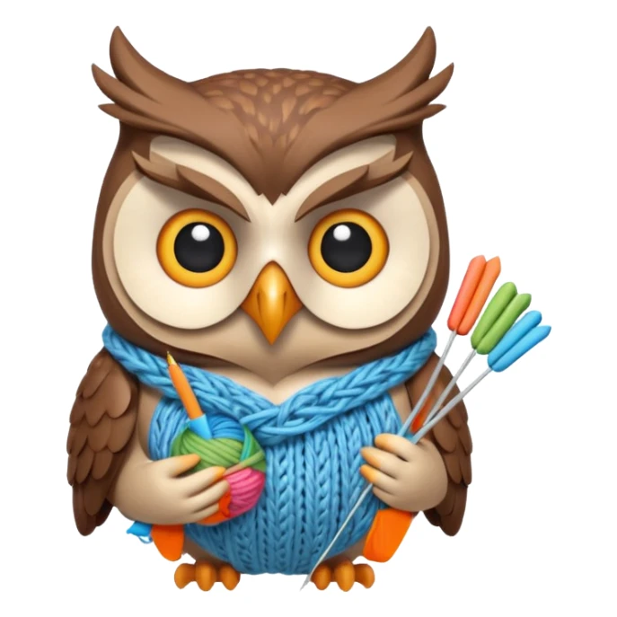 knitting owl portrait, head and shoulders only, cute owl holding knitting needles and yarn, cozy expression, warm handmade vibe, soft feathers, 3D cartoon style, mobile game icon style, clean background, no text, no watermark
 sticker