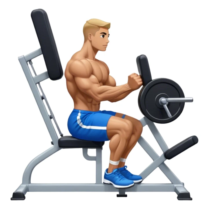 side-view bodybuilder in blue shorts seated weighted calf-raise machine on his tip toes sticker