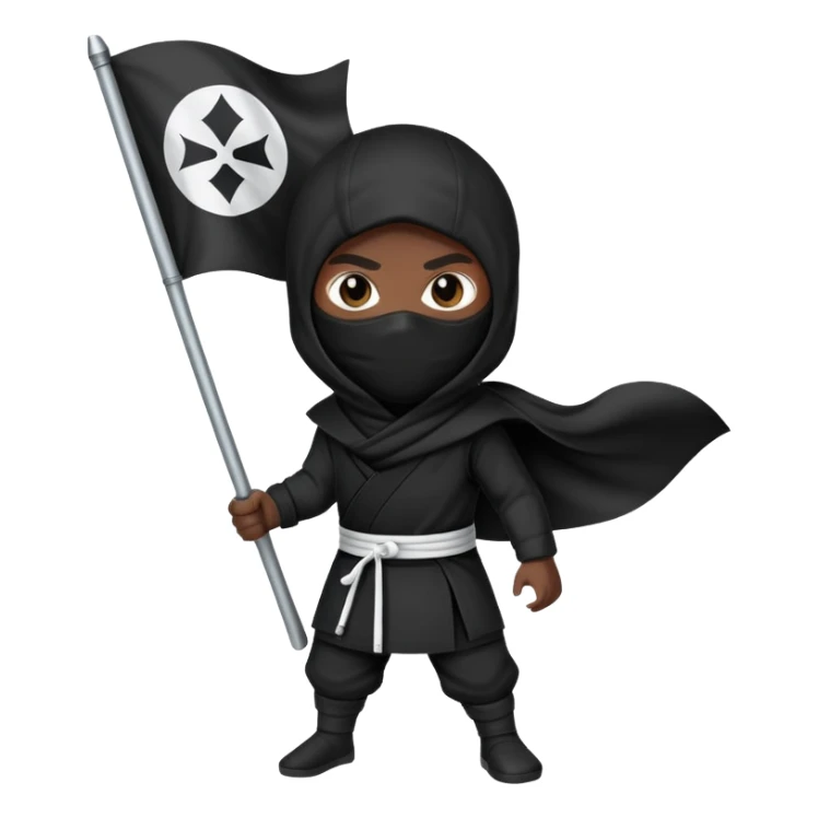 A ninja with black clothes holding a black flag with a white circle in the middle of the flag sticker