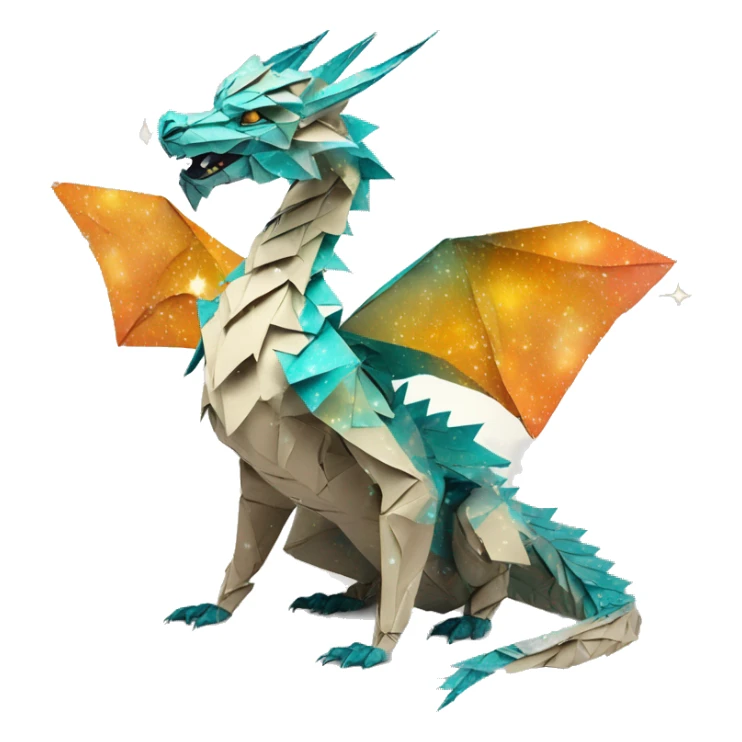 Sparkling patterned Beige Origami dragon with a dried flower crown made of newspapers intricate patterns surrounded by fairy lights nebula galaxy stars swirls iridescent orange cyan yellow sticker