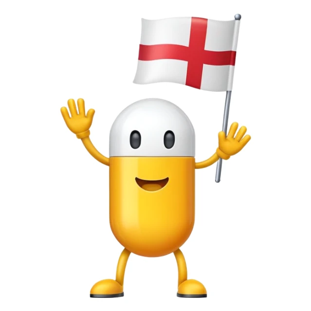 A pill with arms and legs waving a flag sticker