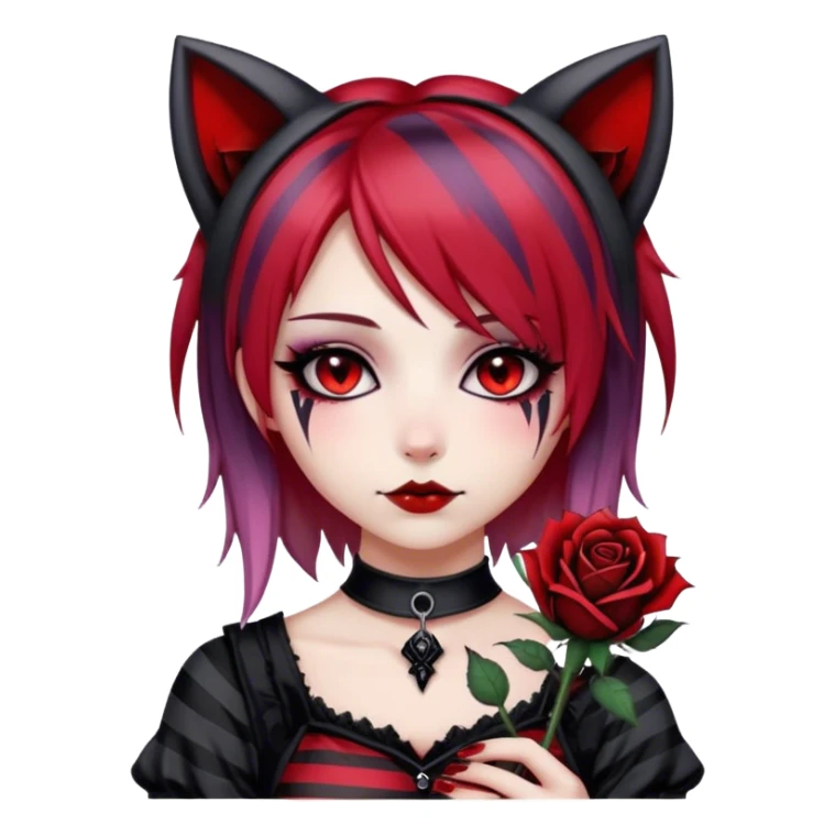 Bloody black rose anime gothic emo  beautiful gorgeous cool edgy cute lady with cat ears, gradient black-and-red-striped hair sticker