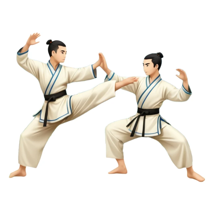 Two martial artists in traditional Wushu attire, performing elegant, fluid moves. The background shows a peaceful, scenic landscape with mountains and bamboo trees, symbolizing the balance of power and grace in Wushu.  sticker