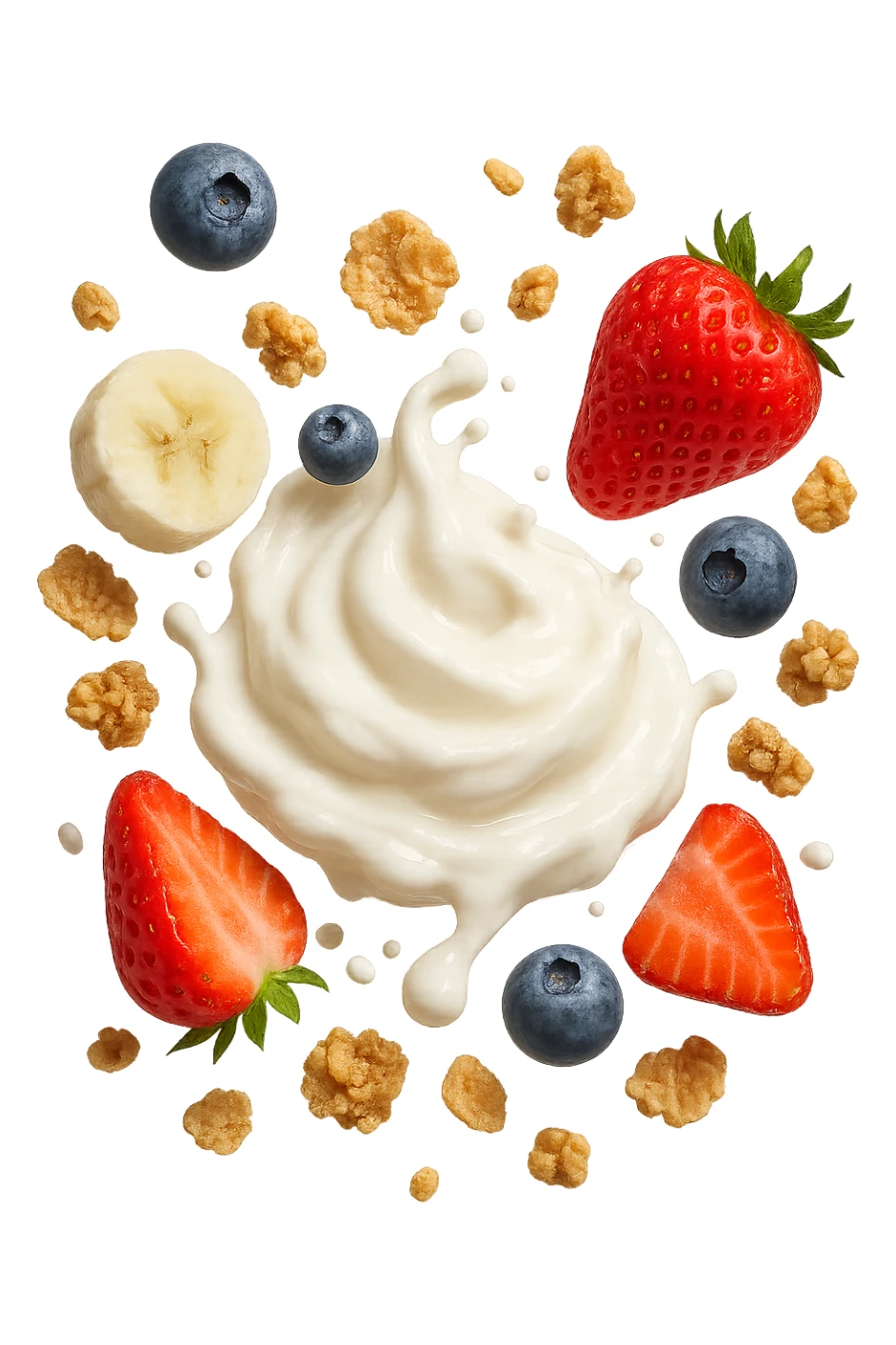 Yogurt, frutta, cereali FLUTTUANO IN ARIA, iperrealistica 4k sticker
