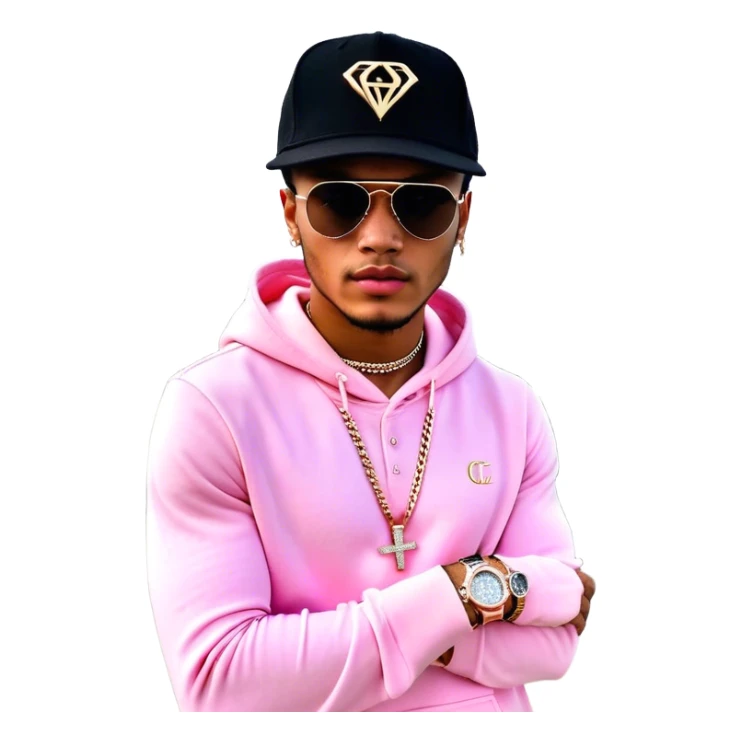 1 person standing in front of a private plane and a rolls Royce. His name is Josh king Madrid. He is wearing a “JETSET” diamond pendant, 3 diamond sparkly tennis chains, iced out diamond rose gold ap watch , black hat that says “JETSET” , pink hoodie that says “JETSET” instead of Gucci. Phone in hand with virtual money $$$ symbol and gold symbol notifications flying out of it holographically  sticker