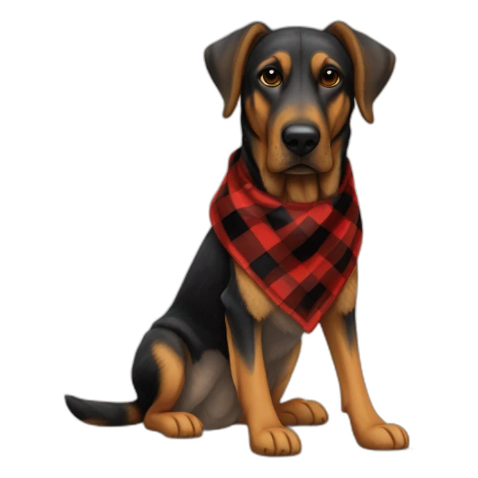 adult 75% Coonhound 25% German Shepherd mix dog with visible tail wearing small pointed red buffalo plaid bandana full body side view sticker
