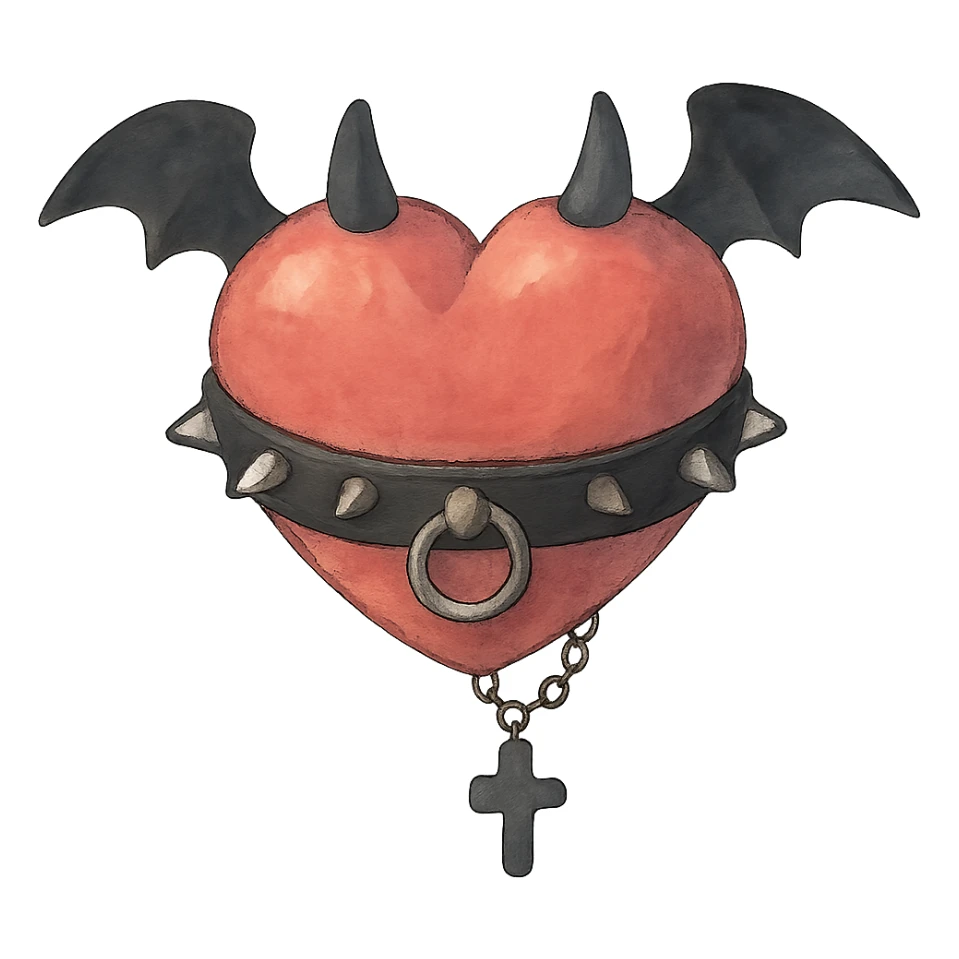 a heart with goth accessories, soft and painterly ghibli style sticker