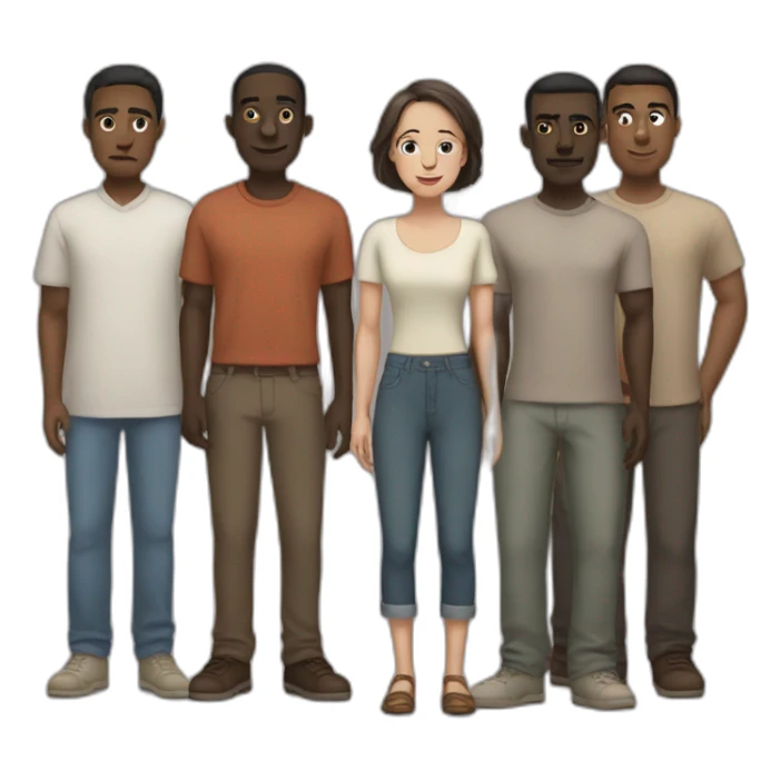six dark-skinned men stand behind a pale woman sticker