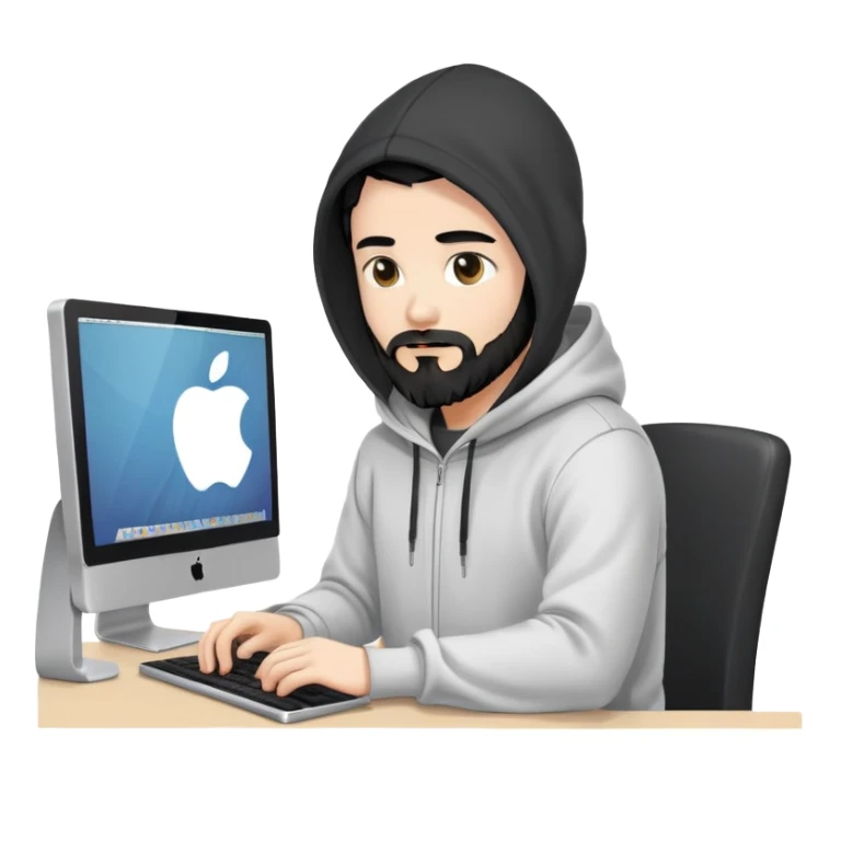 male coder with black hair, beard, and white skin, wearing a hoodie, sitting in front of a computer, focused on coding pc is not apple  sticker