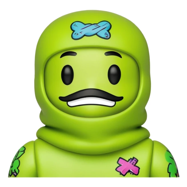 bearbrick toy wearing a lime green balaclava with graffiti design and chill relaxed thick eyebrows showing above sticker