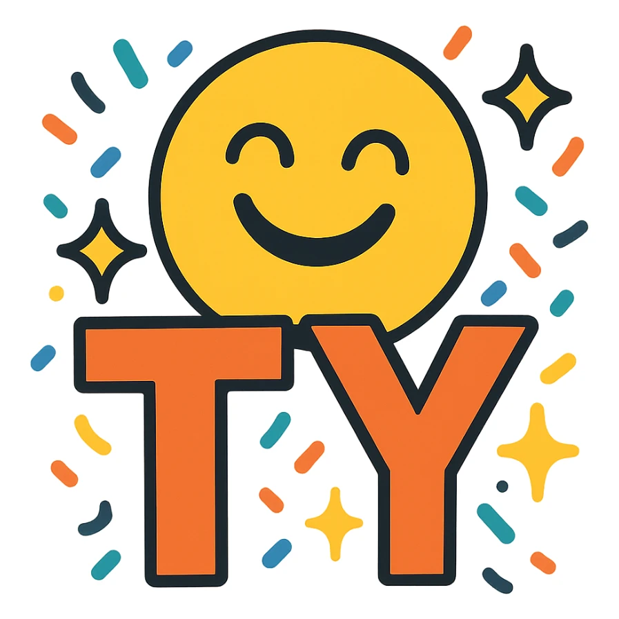 cheerful TY emoji with confetti and sparkles around the letters, designed for Slack reaction sticker