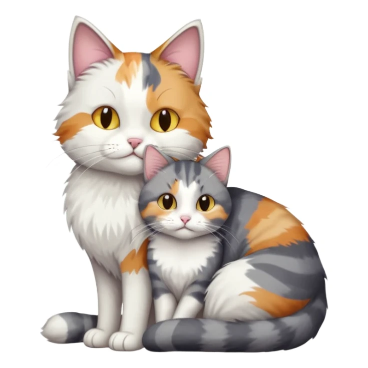 full body colourful light patched calico + white tabby cat cuddling a large grey and white cat  sticker