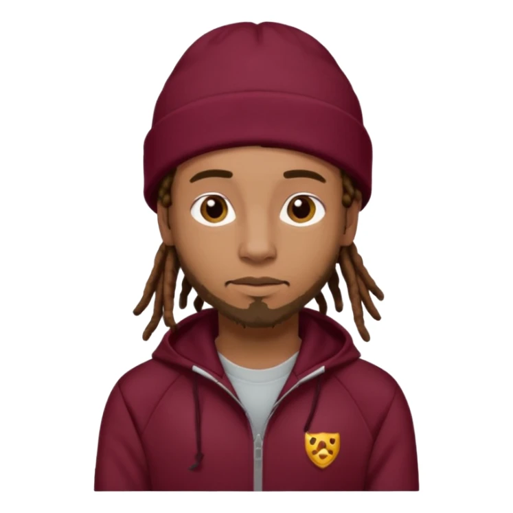 Animate a caramel skinned male with brown dreads and a tan beanie with a burgundy tracksuit on with no beard  sticker