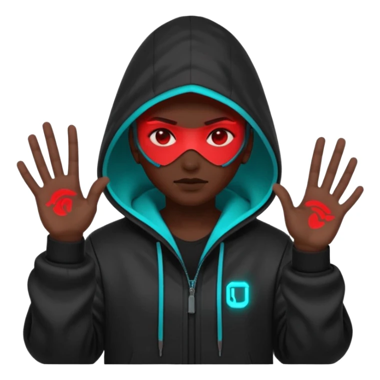 Neon cyberpunk hooded hacker emoji using the exact original palette: crimson red glow, cyan/teal highlights, black shadows. Character shakes head “no” and shows stop hand. Text “NO TO SCAMS” in red neon. Smooth looping animated sticker, transparent background, Discord emoji style. No new colors. sticker