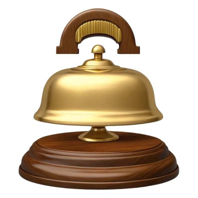 A hotel bell with a polished brass surface on a wooden base sticker