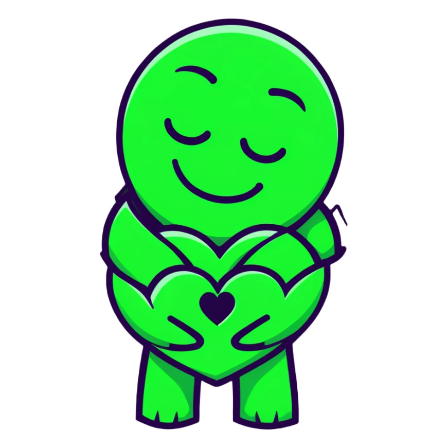 green smiley hugging a green heart sticker