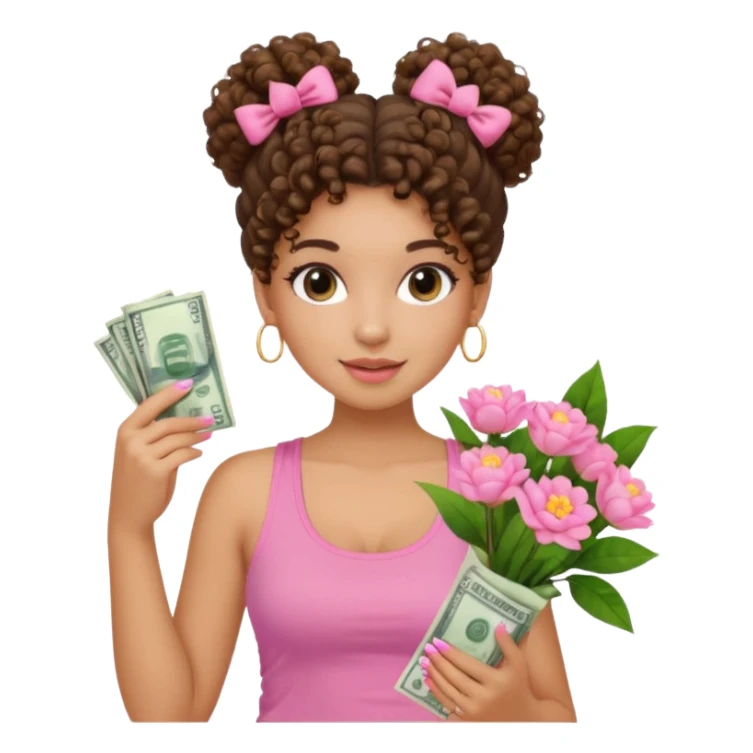 Uma menina com o cabelo cacheado com um Coque com baby hair, morena, e com uma regata rosa com unha em gel,e com dinheiro na mão ,e com flores na outra mão  sticker