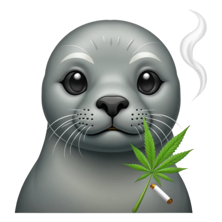 Grey slim seal sitting down and smoking weeds cannabis sticker