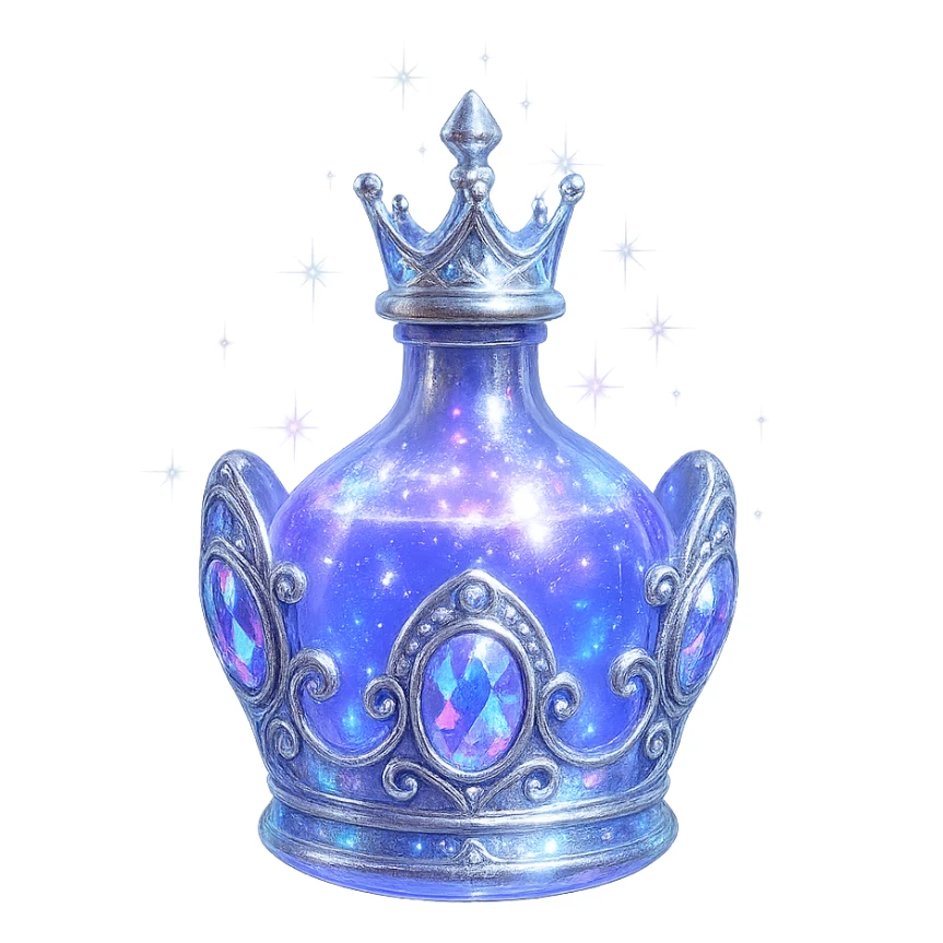 modernus mažas prabangus eliksyro buteliukas, karūnėlės forma, spalva #7986cb, holografiniai ir sidabriniai ornamentai, itin ryškūs magiški švytėjimai ir efektai, labai mažas kaklelis, skaidrus fonas, vientisas dugnas, be šešėlio, plūduriuoja ore, kolekcijos stilius sticker