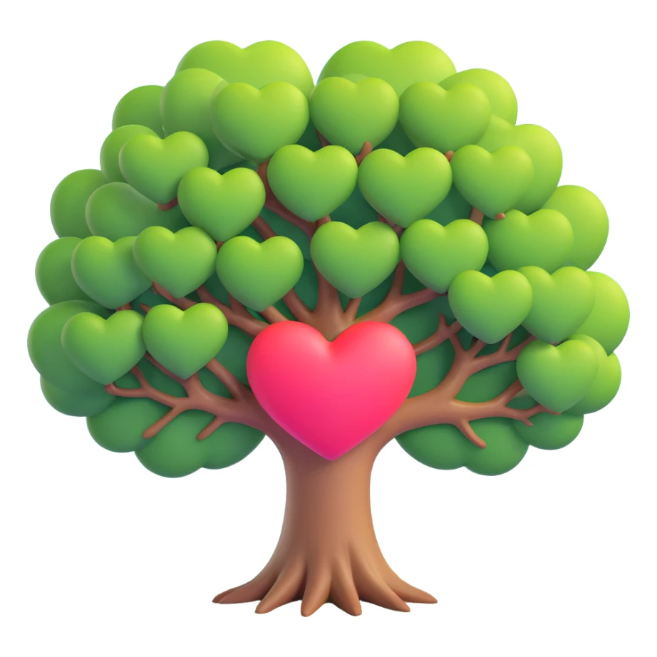 a giant tree with a single large heart shape as its canopy, smooth and vibrant like Microsoft fluent emojis sticker